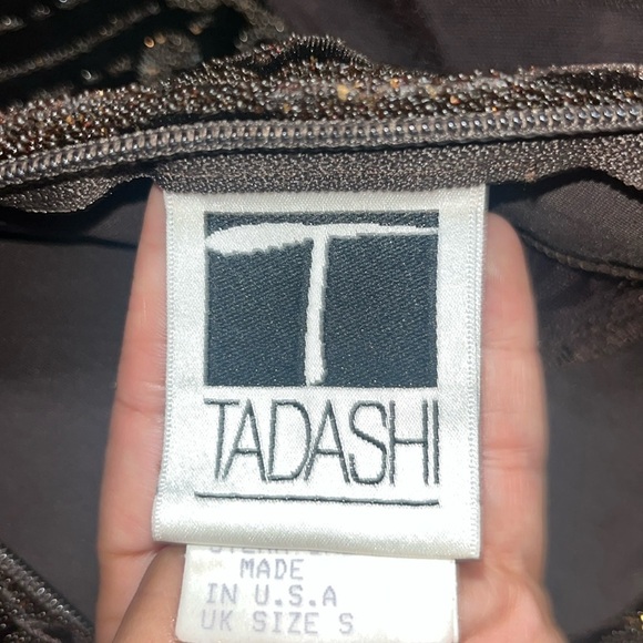 Tadashi Shoji Vintage Mock Neck Long Sleeve Sheer Velvet Beaded Top Brown XS - Picture 9 of 10